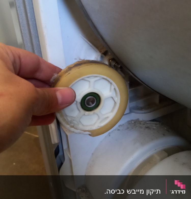 יד מחזיקה גלגל פלסטיק במכשיר חשמלי